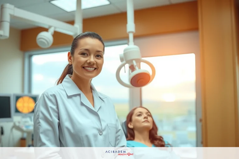 In a clean and well-lit medical office, two women are engaged in a consultation. The woman behind the desk, likely the plastic surgeon, is smiling at her patient who is seated.