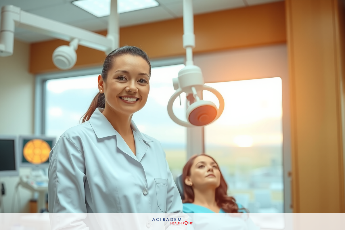 In a clean and well-lit medical office, two women are engaged in a consultation. The woman behind the desk, likely the plastic surgeon, is smiling at her patient who is seated.
