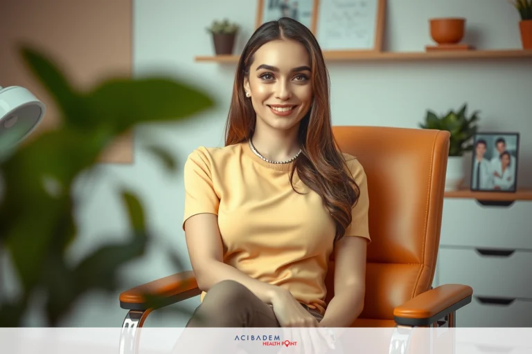 Is Nose Surgery Free in Canada? A young professional sitting in an office chair, smiling at the camera. She is wearing a yellow blouse and seems to be in a modern workspace environment with natural lighting and greenery.