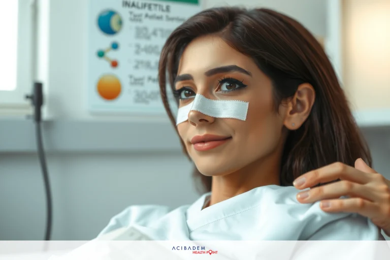 The image shows a woman applying a medical substance, possibly nose surgery. She is sitting in what appears to be a healthcare professional setting with equipment visible in the background.