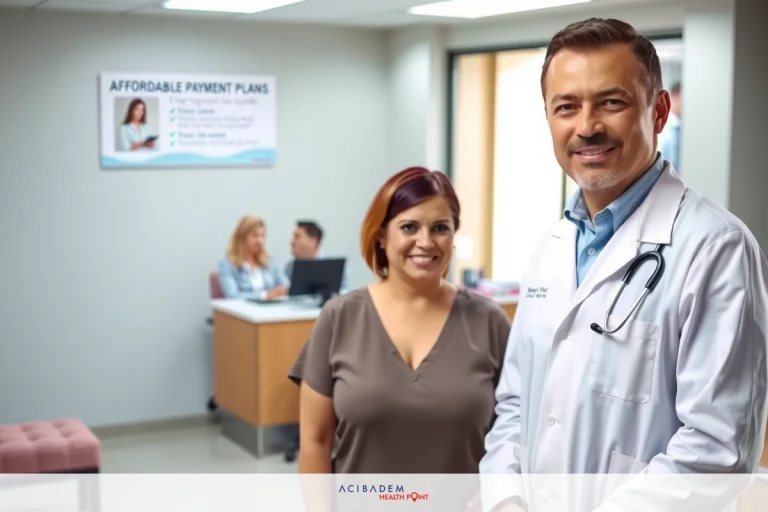 Two individuals standing in a medical office, possibly physicians or healthcare professionals. The setting includes a reception desk with a computer monitor and office equipment.