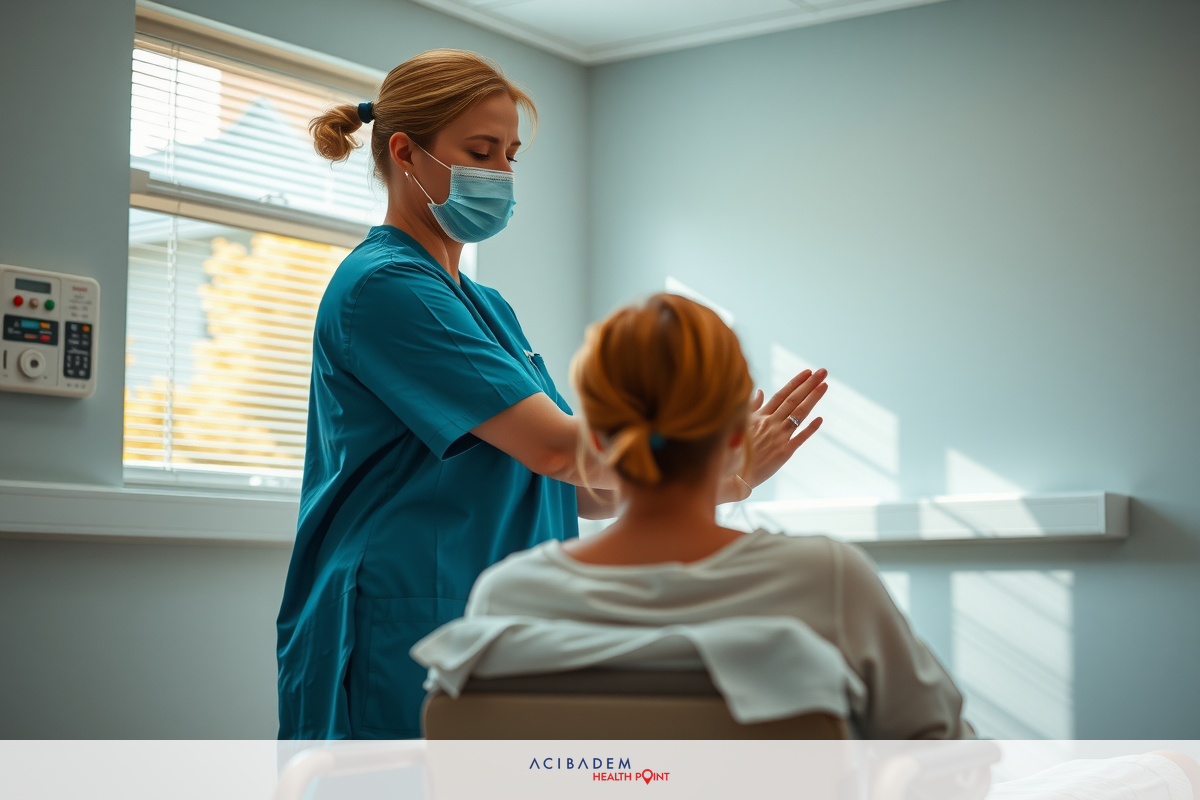 Medical scene with nurse in blue uniform and patient receiving care. Nurse wears protective mask, indicating healthcare setting.