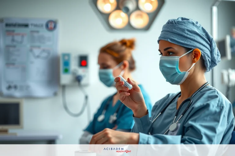 What is the Importance of Amoxicillin After Nose Surgery The image portrays a hospital setting with two medical professionals wearing surgical masks and scrubs. The focus is on the hands of one individual, suggesting an action or interaction in progress, possibly related to medical procedures.