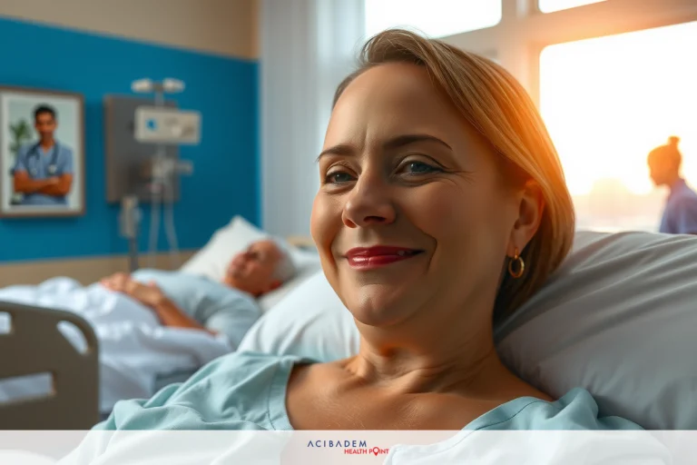 A hospital room with a woman in a blue gown sitting up and smiling at the camera. There's another patient behind her, and medical equipment nearby. Sunlight is coming through a window, suggesting it could be morning or afternoon.