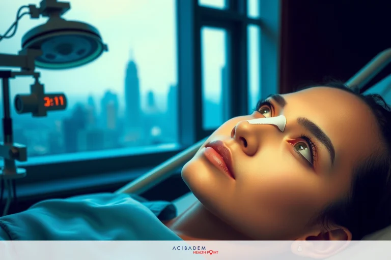 The image features a young woman lying on a hospital bed. She has a tape over her nose and is probably lying on the operating table after surgery. There's a city skyline visible in the background, suggesting she might be in a large metropolitan area. The room appears clean and well-lit with natural light streaming in from the windows.
