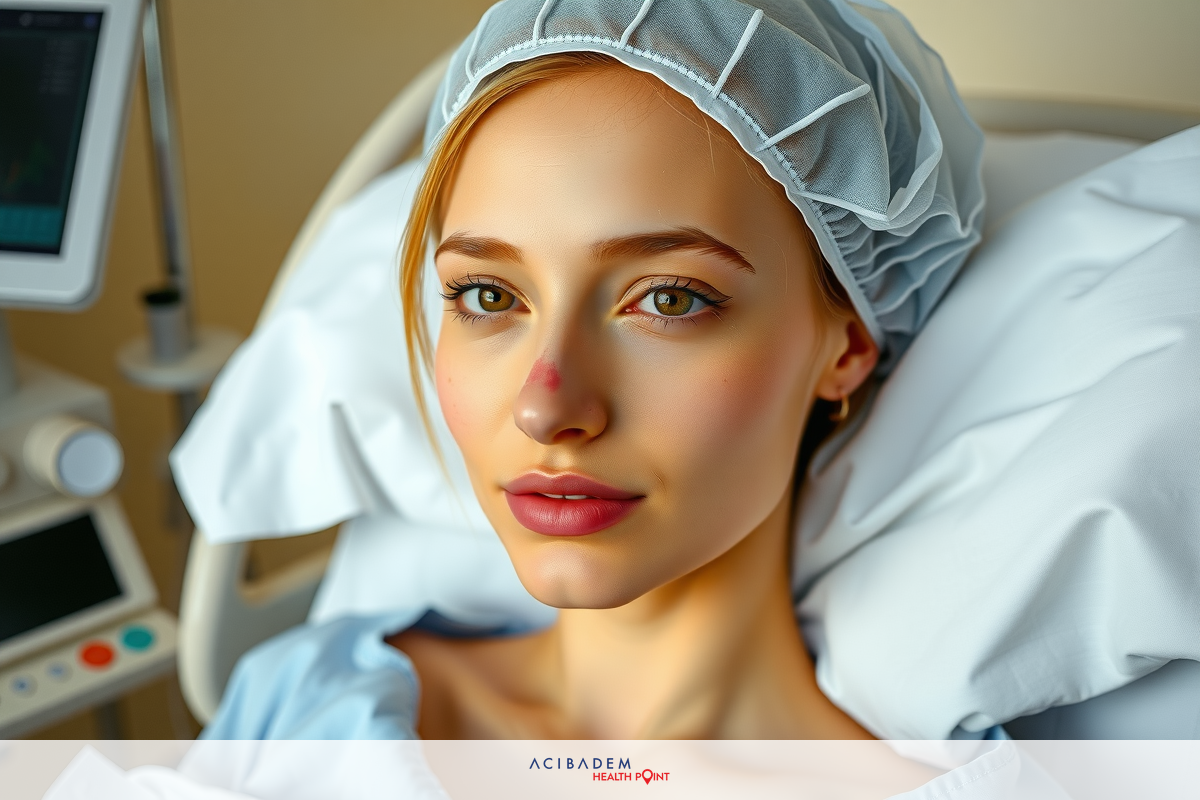 The image shows a woman lying on a hospital bed. She has medical monitoring equipment around her, suggesting she is being observed for health conditions or treatments. Her expression appears calm and she is looking directly at the camera.