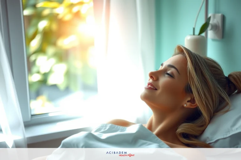 The image shows a woman lying in bed, smiling with her eyes closed as if daydreaming or enjoying a peaceful moment. She is wearing a white nightgown and the room appears to be well-lit, likely from natural sunlight coming through an open window.