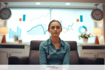 The image depicts a professional setting with a woman seated at a desk. She appears to be engaged in an important discussion or analysis, suggested by the graphs and financial data on a large screen behind her. The environment suggests a modern office space, possibly related to finance or business analysis.