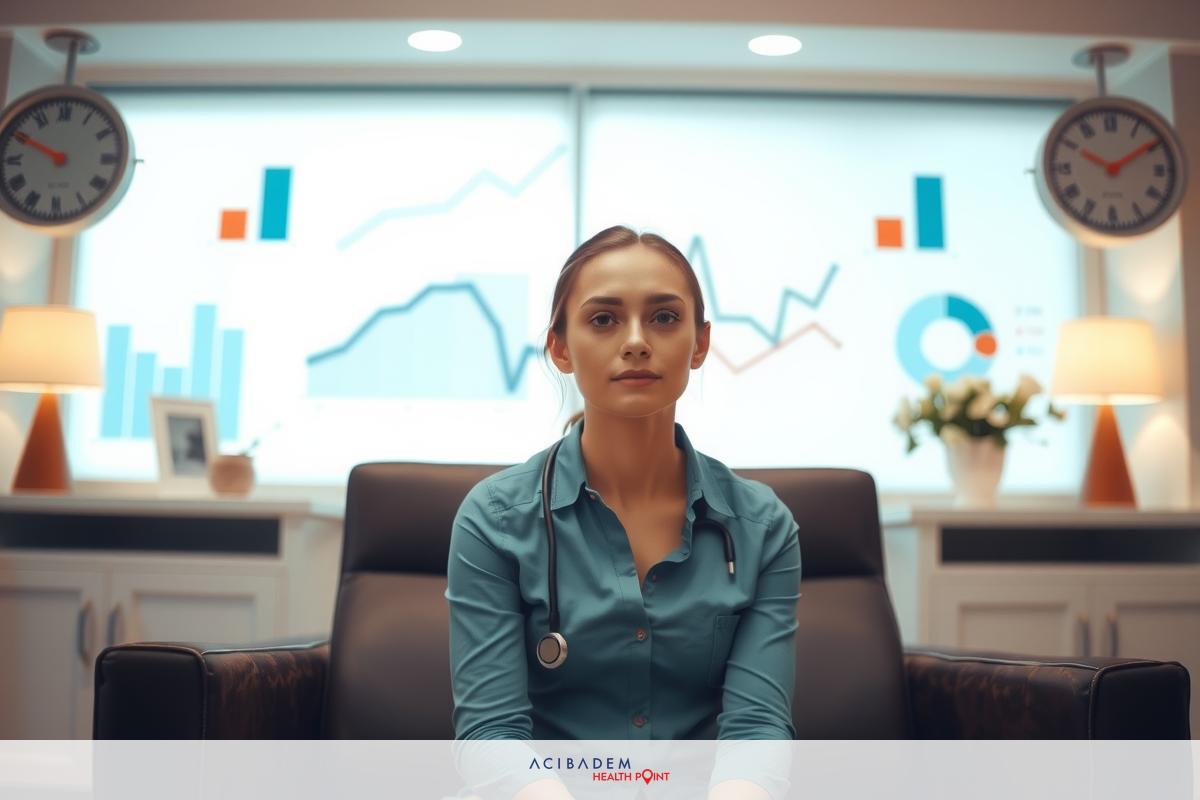 The image depicts a professional setting with a woman seated at a desk. She appears to be engaged in an important discussion or analysis, suggested by the graphs and financial data on a large screen behind her. The environment suggests a modern office space, possibly related to finance or business analysis.