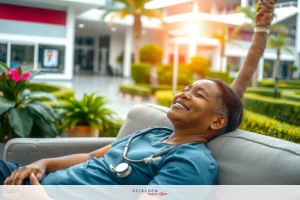 The image features a nurse wearing scrubs, who is seated in an atrium area of a building. The background suggests a modern, possibly medical office environment with plenty of natural light filtering through glass windows. The nurse has short hair and appears to be relaxed, smiling towards the camera.
