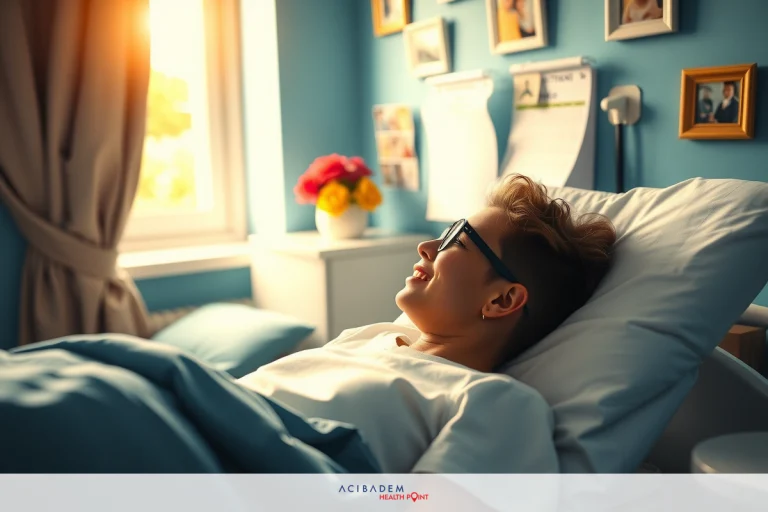 The image shows a young person lying in bed with sunlight shining through the window, illuminating their face. The room has blue walls and various personal items such as a potted plant and photographs on the wall. The individual is wearing glasses and seems to be relaxed or resting comfortably.