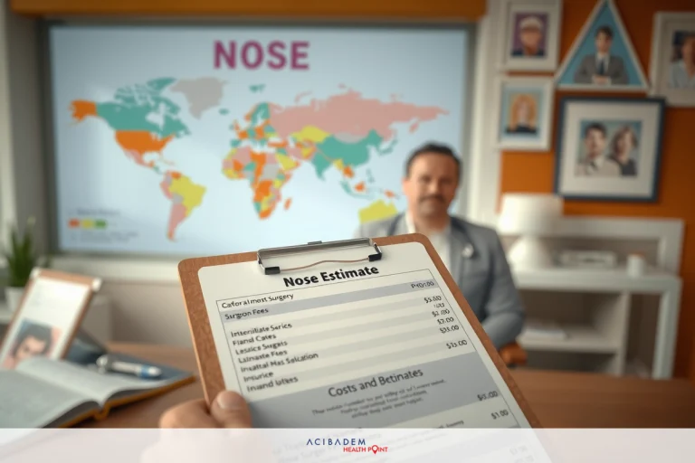 How Much Does Corrective Nose Surgery Cost? A person holding a clipboard with papers, standing in front of a presentation screen showing global statistics about the company's sales and growth over time. The environment suggests a business or corporate office setting.