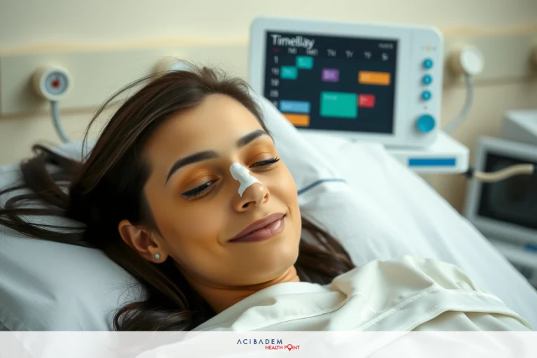 Does Plastic Surgery Nose Break Easily? A woman lying down in a hospital bed with medical equipment beside her. There is a tape on her nose, which indicates that she has had nose surgery or treatment.