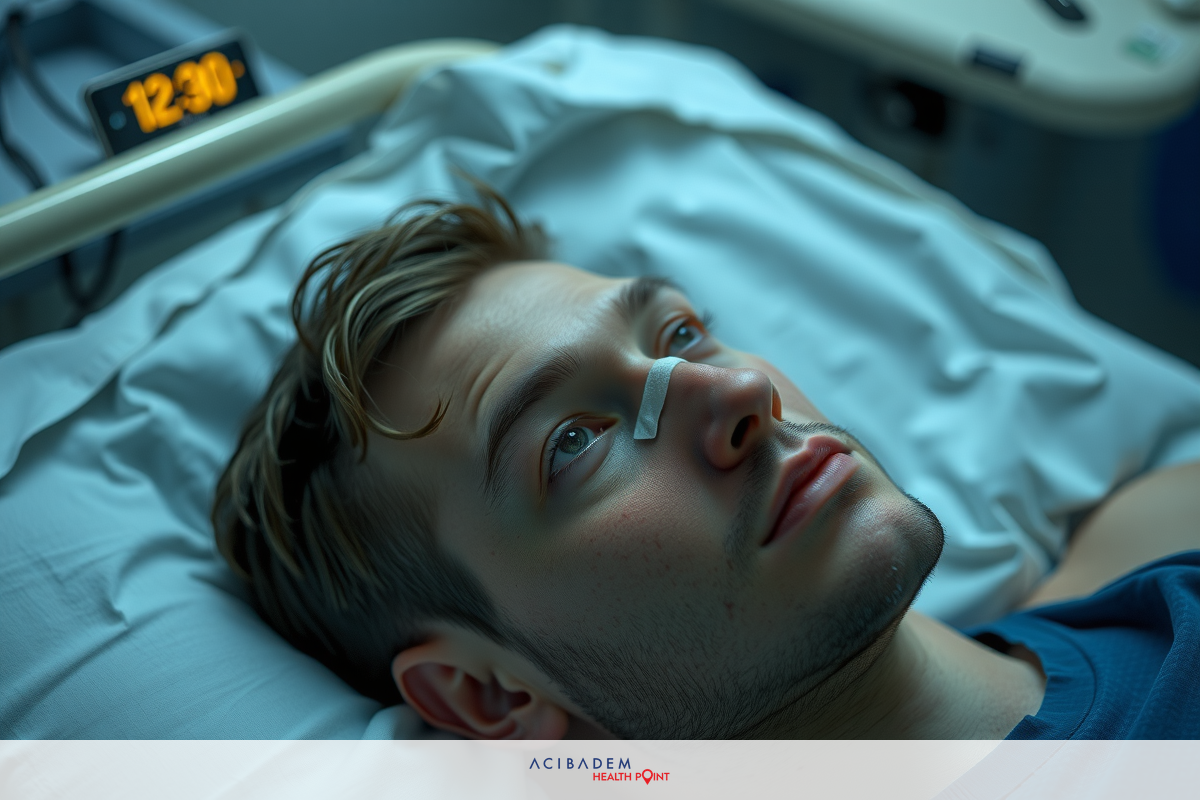 The image shows a young man lying in what appears to be a hospital bed. Wearing a nose strip indicates that he may be receiving medical treatment or recovering. The environment suggests a healthcare setting with clinical lighting and medical equipment visible around the patient.