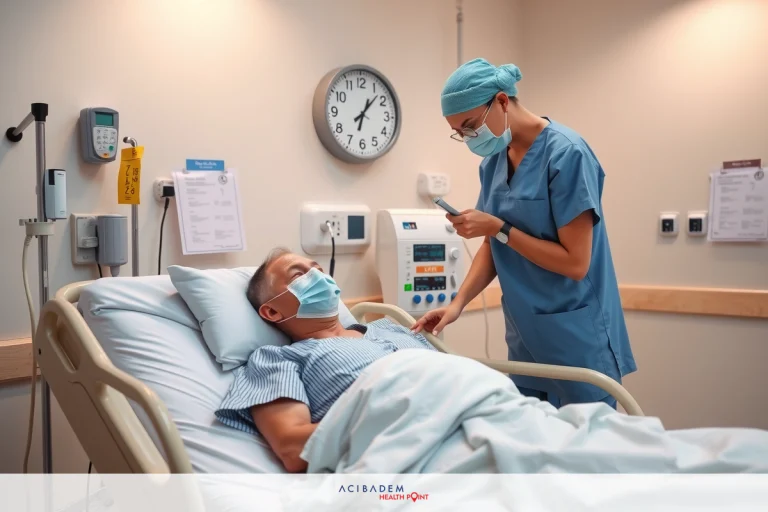 Medical professionals in a hospital setting; woman nurse administering medication or care to an older man who appears ill; both wearing medical gowns and face masks for hygiene.