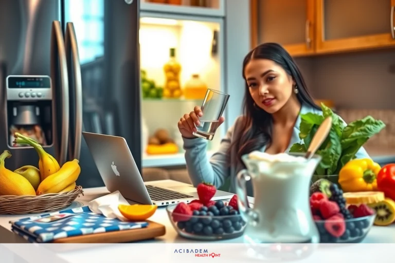 Can You Have Tea After Bariatric Surgery? The image shows a woman at a kitchen counter, holding a glass of water. She is wearing casual attire and has her hair pulled back. The kitchen is well-lit with modern appliances including a refrigerator and a coffee maker. On the countertop, there are various fresh fruits like bananas, strawberries, and oranges, as well as a bottle that may contain milk or juice. The woman appears to be posing for the image, perhaps suggesting she's preparing to make a smoothie or a healthy meal.
