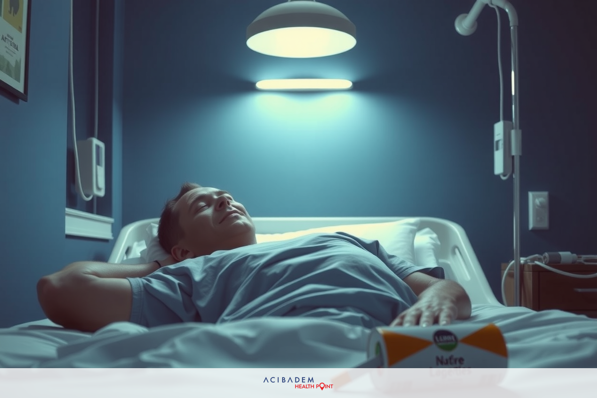 Man lying in hospital bed with blue walls, lighted lamp and a box of nuts on the counter beside him.