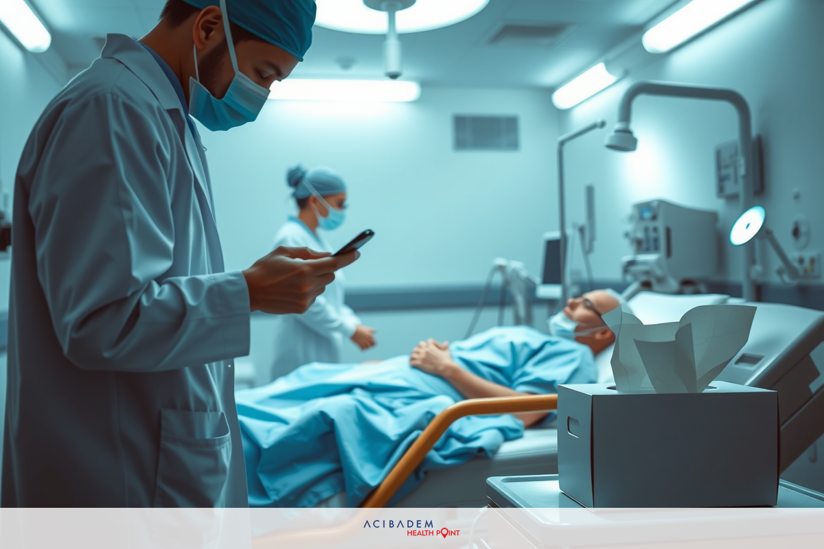This image depicts a hospital setting with medical professionals. There are two individuals in the scene, one of whom is using a smartphone while standing beside a patient on a bed. The person on the bed appears to be receiving some form of medical treatment or examination. In the background, there's medical equipment, which suggests this could be an operating room or intensive care unit.
