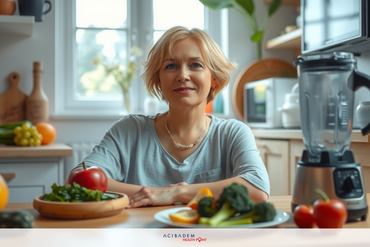 A woman sitting at a kitchen counter, surrounded by various fruits and vegetables. She is smiling and appears to be preparing food. The setting includes a blender and other typical kitchen appliances.