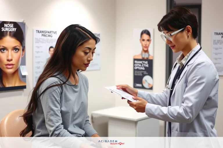 How Much is Nose Surgery in Canada? The image shows a medical setting, likely a cosmetic or dermatological clinic. A female patient is seated and receiving care from a female doctor who is standing beside her. The environment includes posters of beauty products and services on the wall.