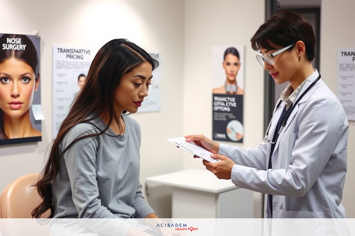 The image shows a medical setting, likely a cosmetic or dermatological clinic. A female patient is seated and receiving care from a female doctor who is standing beside her. The environment includes posters of beauty products and services on the wall.