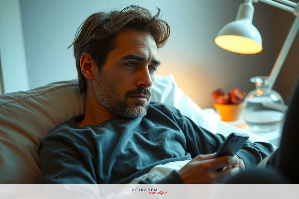 A man lying on a bed, looking at his cell phone. He has dark hair and is wearing casual clothing. The room appears to be dimly lit with soft lighting coming from lamps.