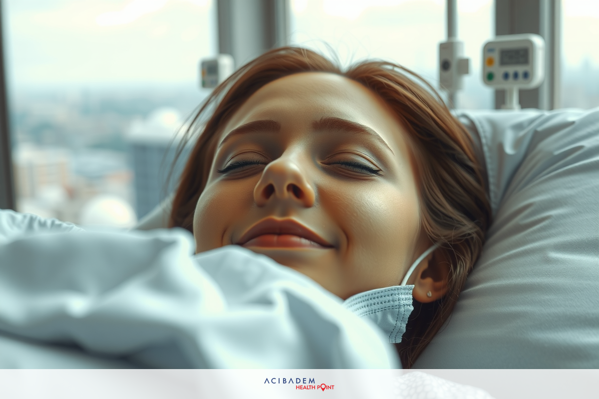 The image shows a smiling woman lying in a hospital bed. She has blonde hair and is wearing a white hospital gown. Her expression appears positive and relaxed, suggesting that she might be feeling better or recovering from an illness.