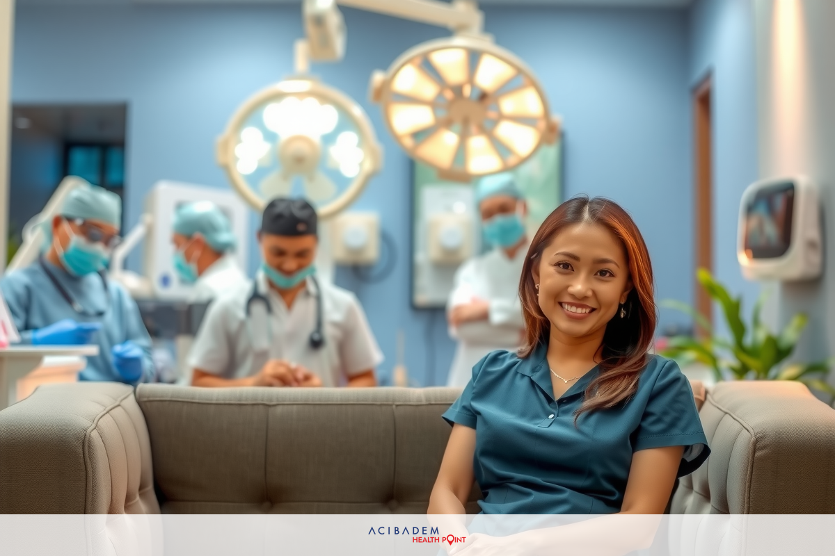The image is set in an operating room with medical professionals performing surgery. A woman, likely a patient, is seated on the right side of the frame. She is wearing a dark blue scrub and smiling at the camera. The environment is sterile with equipment like an operating table visible in the background.
