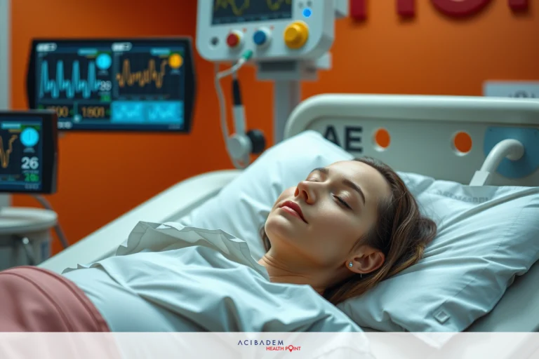 A young woman lying in a hospital bed, connected to medical machines. The room is equipped with monitors displaying vital signs and graphs, indicating ongoing care.