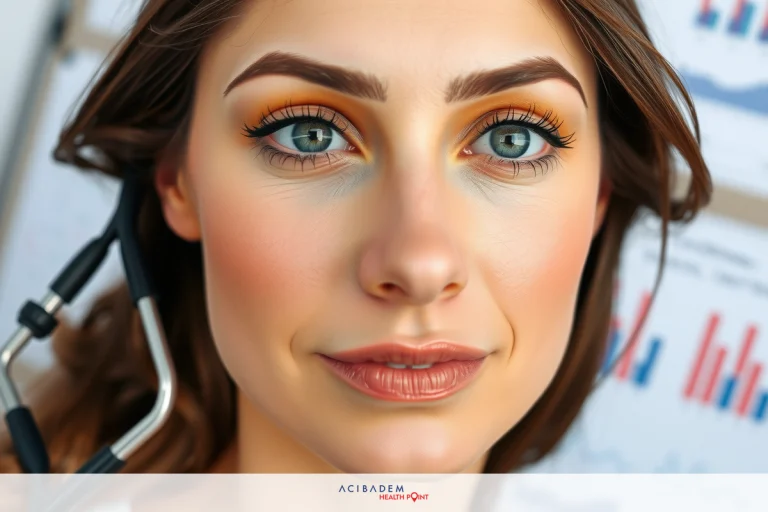 How to Narrow Nose with Surgery The image shows a woman with her head turned slightly to the side. She is wearing makeup, including lipstick and eyeliner that highlights her eyes which are looking directly at the camera. The environment suggests an indoor setting with medical equipment behind her, indicating she might be in a doctor's office or a clinic.