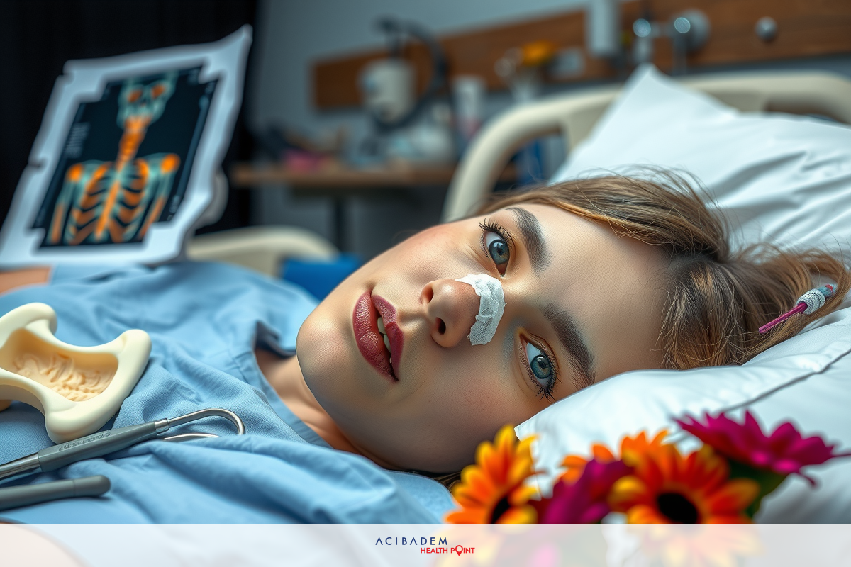 A woman is lying in a hospital bed. She has medical equipment and supplies around her, including what appears to be a respirator and an IV line. Her face is made up with white makeup, and she has a look of concern or pain on her face.