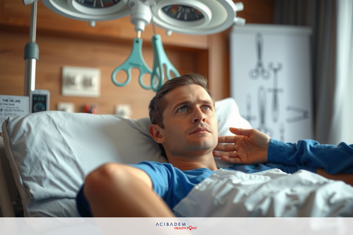 The image shows a man lying in a hospital bed, wearing a blue shirt. He appears to be looking away from the camera with his hand resting on his forehead, possibly indicating discomfort or contemplation. The hospital environment is visible around him, including medical equipment like an IV drip stand and monitors.