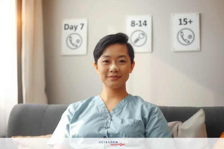 A woman in a blue scrub sitting on a couch, looking at the camera with a slight smile. She appears to be resting or taking a break from work, possibly in her living room.