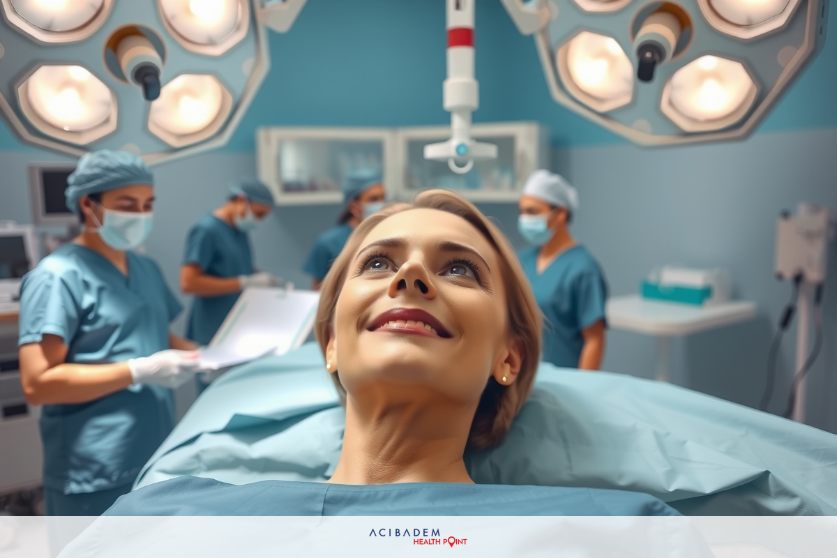 Surgical setting with medical personnel, including surgeons and nurses, attending to a patient on an operating table. The room is equipped with typical surgical instruments and monitors.