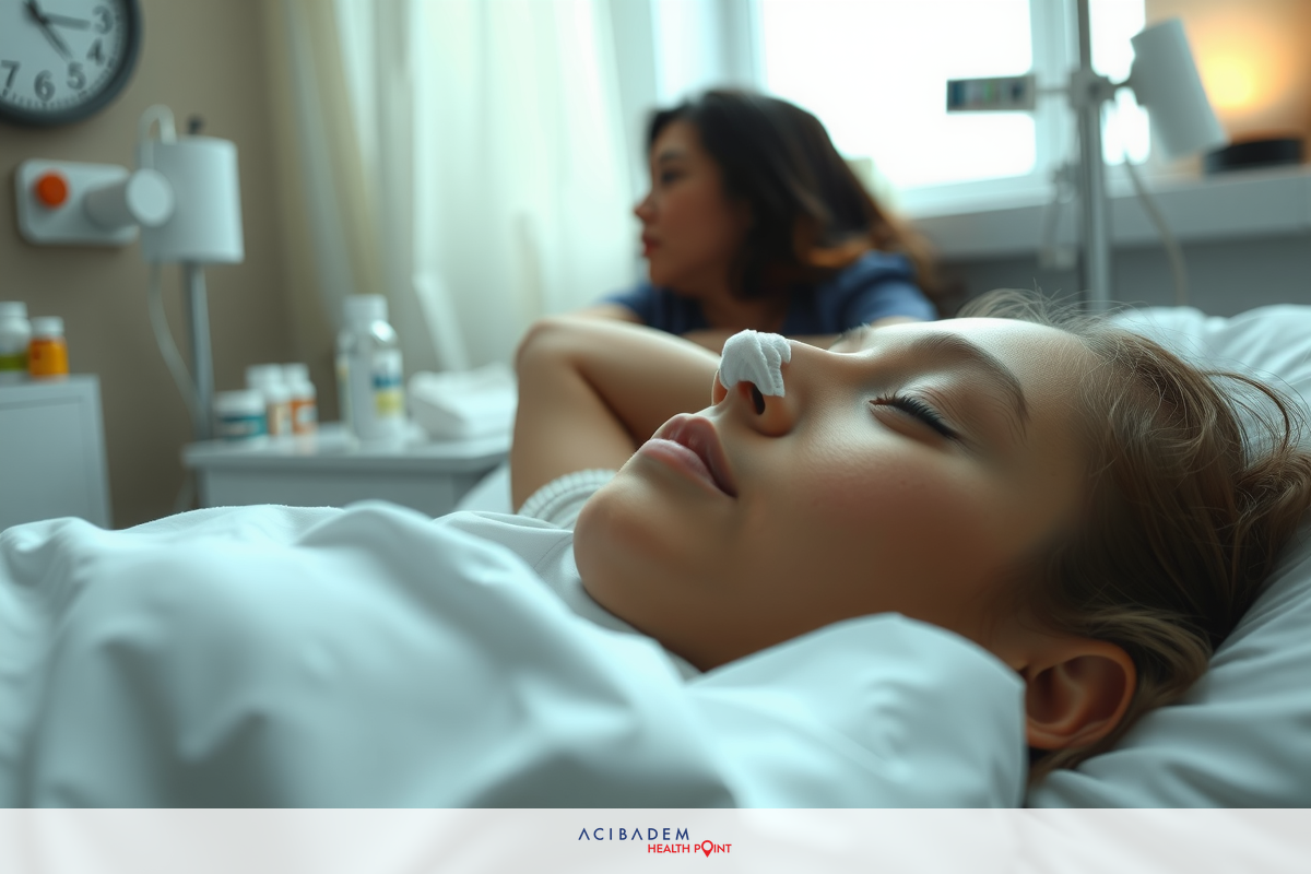 A woman in bed getting her nose checked, with medical personnel assisting. The scene is calm and sterile, indicative of a clinical environment.