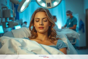 In a brightly lit hospital room, a woman lies on her back in a white bed. She appears relaxed with her eyes closed. Medical professionals are in the background, engaged in their tasks. The environment is sterile and professional, with medical equipment visible around the room.