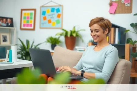 The image depicts a woman seated in an office setting, smiling and using a laptop on her lap. She appears to be engaged in work or possibly enjoying a casual moment at the desk. The environment is cozy with potted plants adding a touch of greenery.