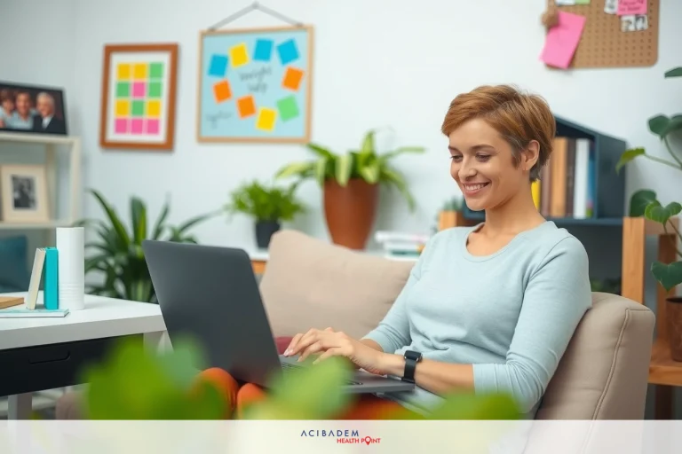 The image depicts a woman seated in an office setting, smiling and using a laptop on her lap. She appears to be engaged in work or possibly enjoying a casual moment at the desk. The environment is cozy with potted plants adding a touch of greenery.