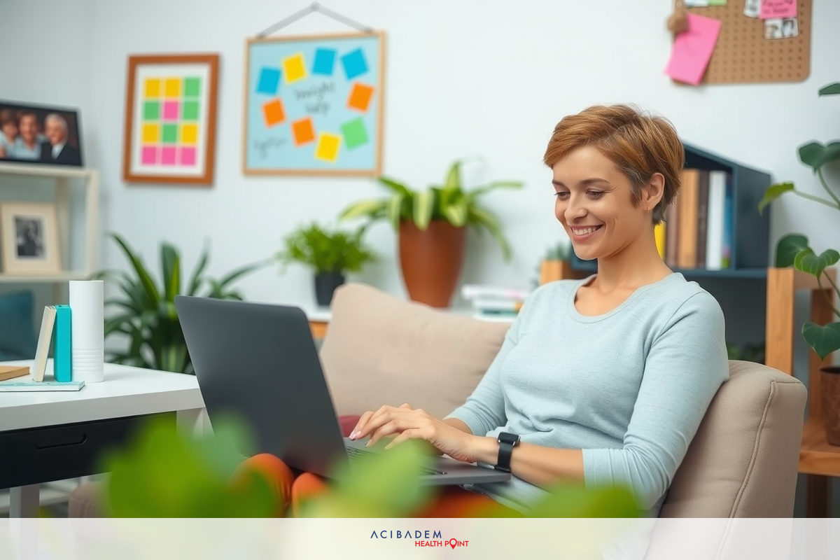 The image depicts a woman seated in an office setting, smiling and using a laptop on her lap. She appears to be engaged in work or possibly enjoying a casual moment at the desk. The environment is cozy with potted plants adding a touch of greenery.