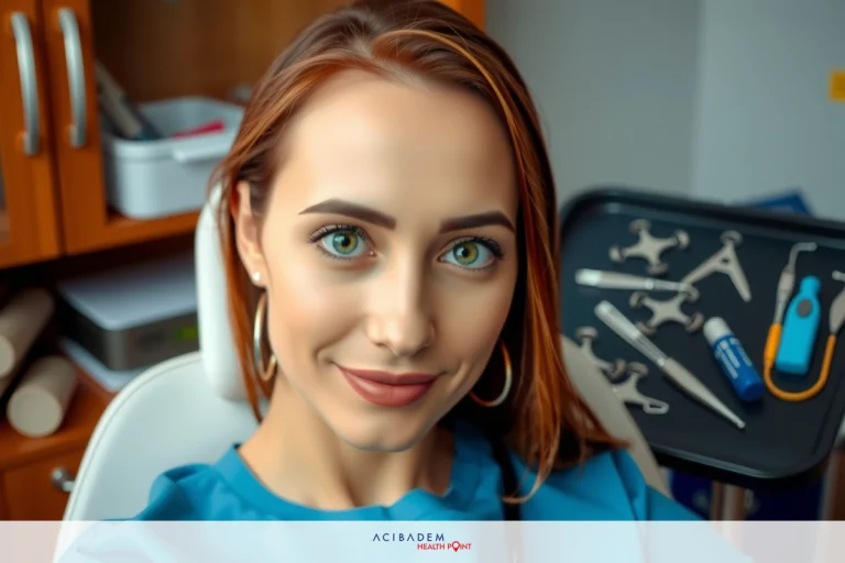 A red-haired woman sits in a hospital chair. She poses for the camera, smiling, wearing a blue outfit.