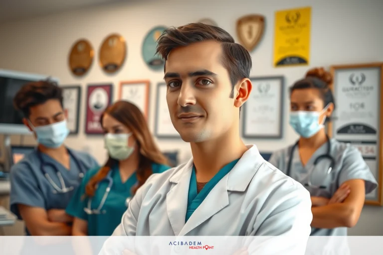 In the image, there is a group of medical professionals in an office setting. One male doctor stands at the center, smiling towards the camera. Surrounding him are two female doctors, also in surgical scrubs, looking attentively at the viewer.