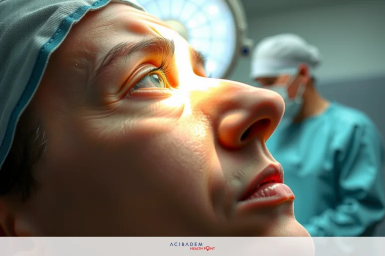 Does a Person’s Voice Change After Rhinoplasty Nose Surgery? Medical operating room with surgical lights. A surgeon performing an operation on a patient's nose, focusing on the eye area. Patient wearing an eye patch and looking upwards. Blue light from above, indicating medical laser or instrument being used.