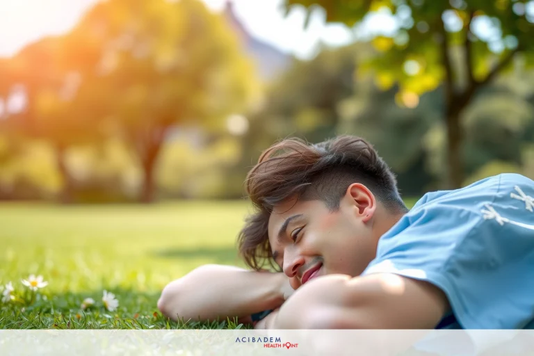 Can You Smoke Before Nose Surgery? A young person is lying on the grass, possibly enjoying a sunny day in a park or garden. The individual is smiling and appears relaxed. The surroundings include lush greenery with trees and plants.