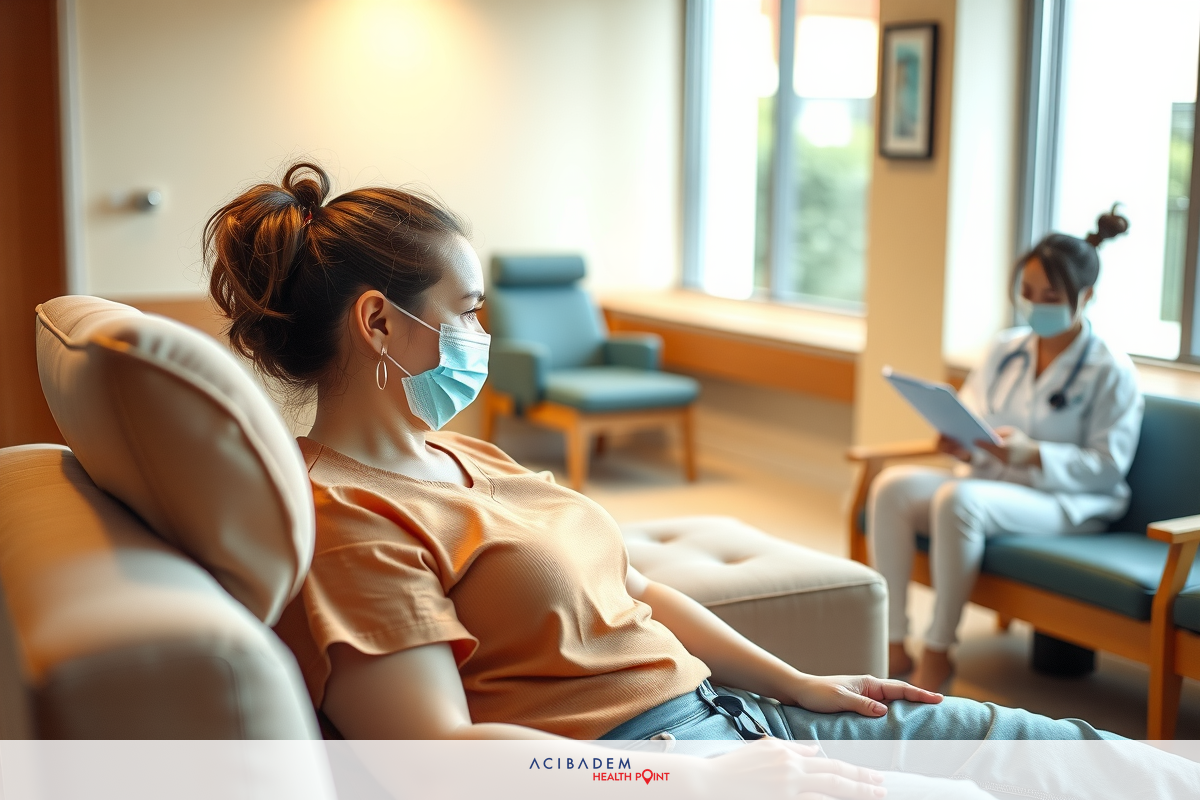 A woman sitting in a waiting room wearing face mask, with another person standing behind her. The environment is brightly lit and clean.