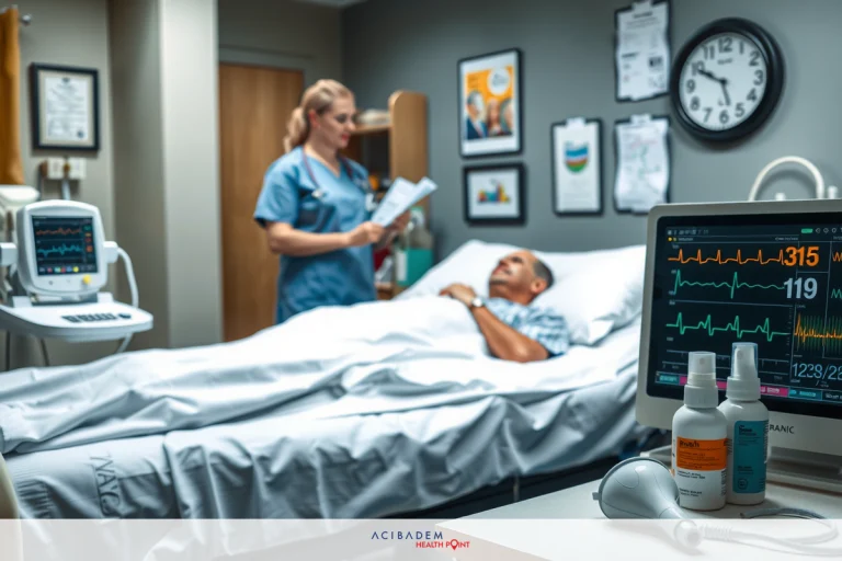 Are Nose Sprays to be Avoided Before Surgery? The image depicts a hospital room setting. A patient is in bed, hooked up to medical equipment including an ECG monitor and IV drip. A nurse stands attentively by the patient's side, reading paperwork possibly related to the patient's care.