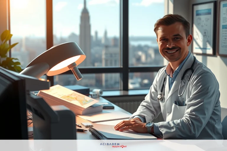Smiling male doctor in white lab coat sitting at desk with paperwork and computer, looking directly at camera, sunlight shining through window, modern office environment.