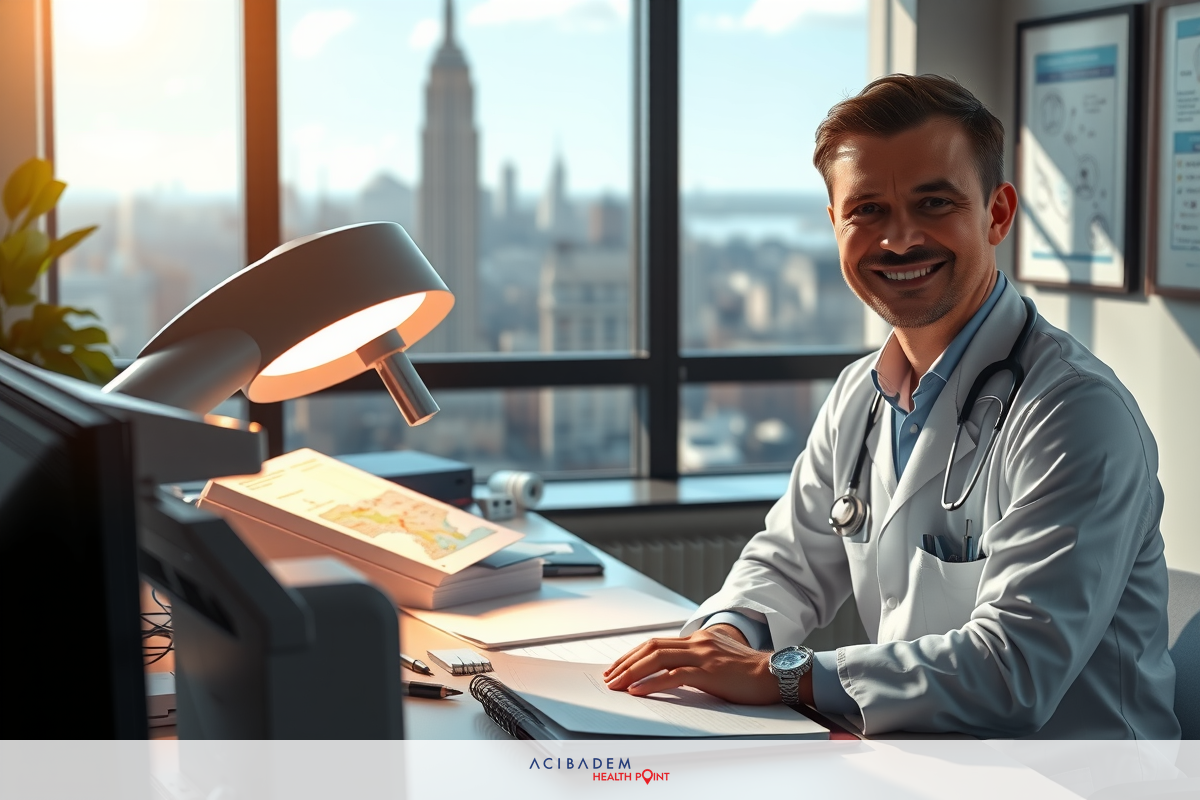 Smiling male doctor in white lab coat sitting at desk with paperwork and computer, looking directly at camera, sunlight shining through window, modern office environment.