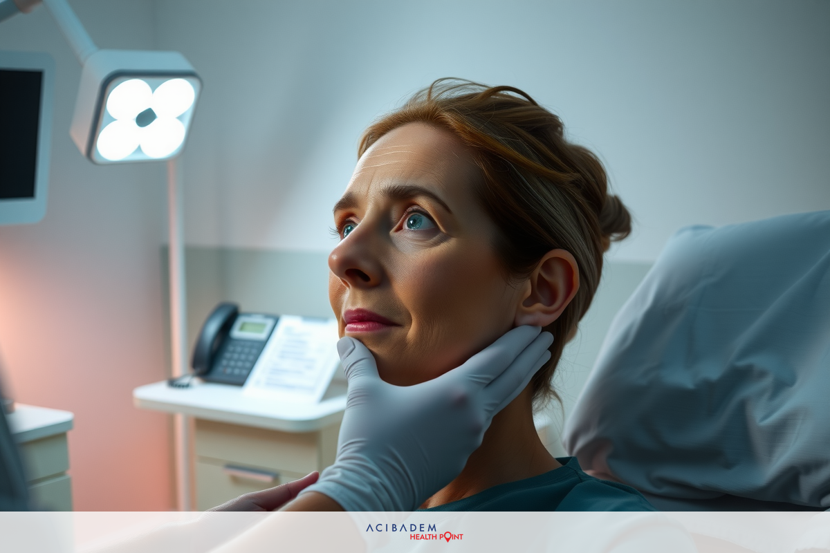 A woman in a hospital setting, lying down on an examination bed. Medical personnel are conducting a procedure, possibly related to her face area.