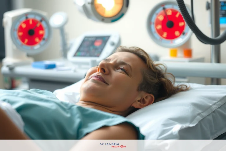 What Types of Laser Eye Surgery Are There A woman lying on a hospital bed, smiling while receiving medical treatment. Various medical equipment surrounds her including monitors and other diagnostic devices.