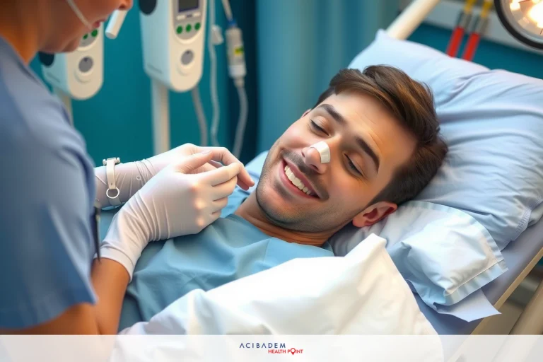 A man lying in a hospital bed while a nurse is attending to him. The man has a bandage on his nose, indicating he may have had surgery or an injury. The environment suggests a medical setting with clinical surroundings.